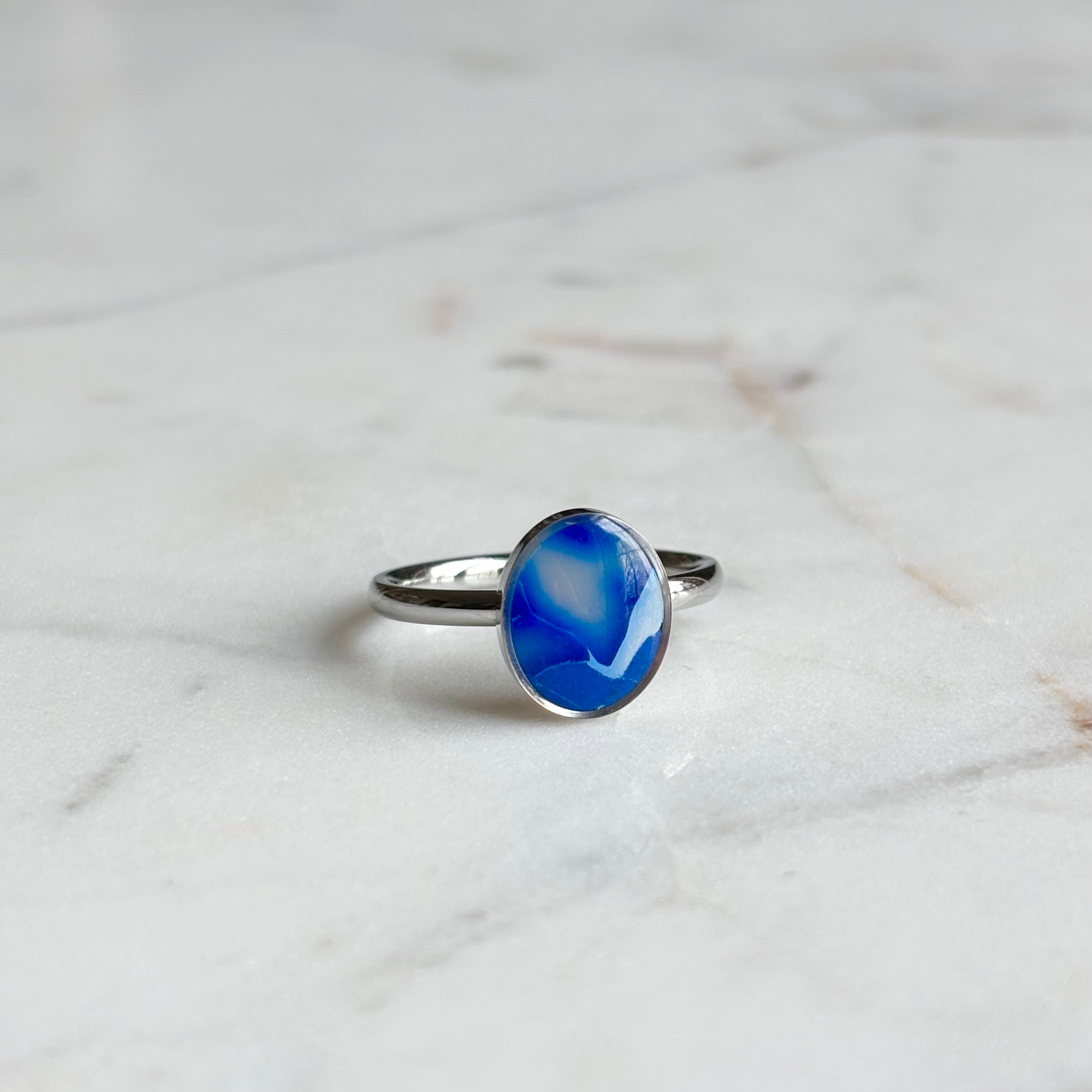 Silver Oval Clay Ring - Sapphire/Size 7