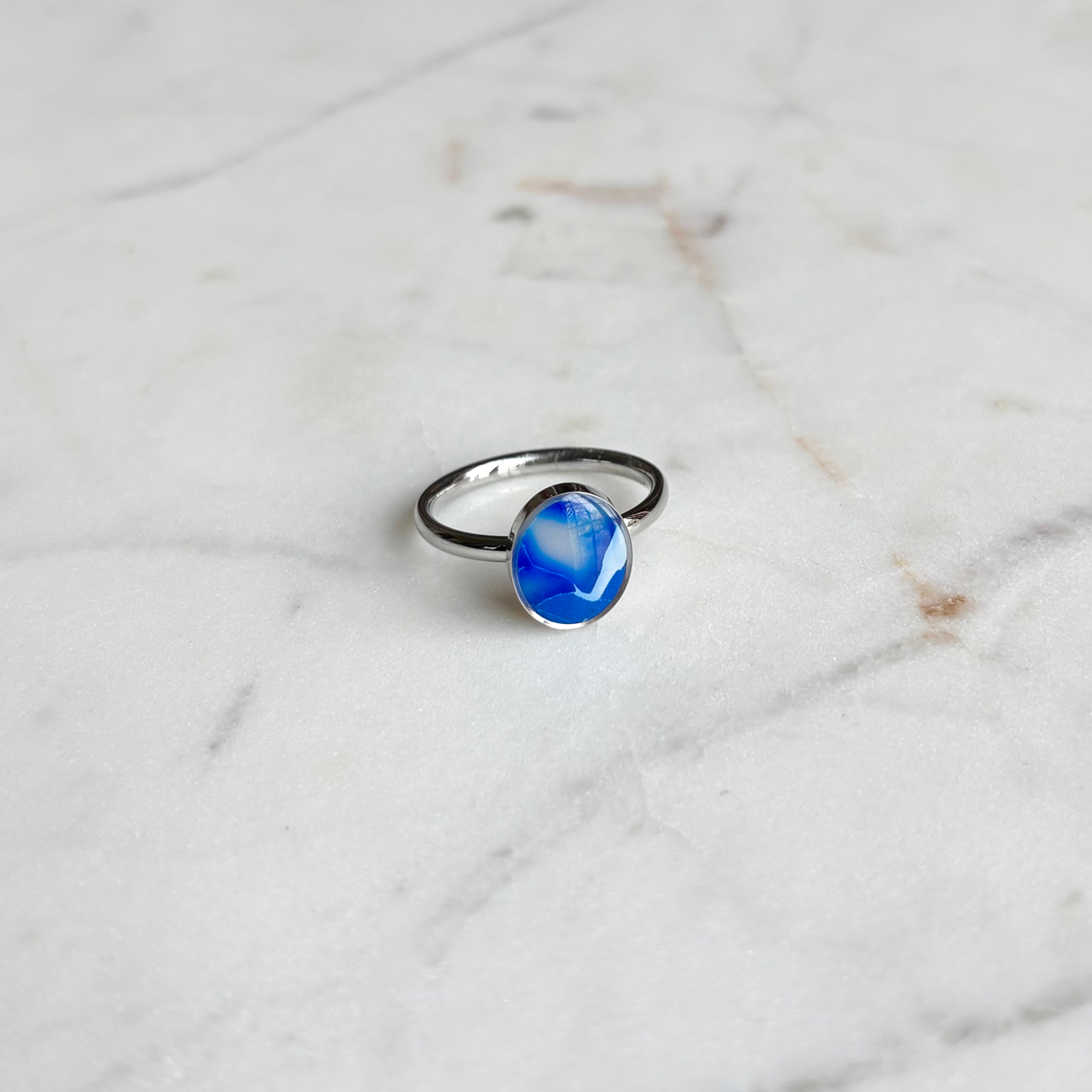 Silver Oval Clay Ring - Sapphire/Size 7