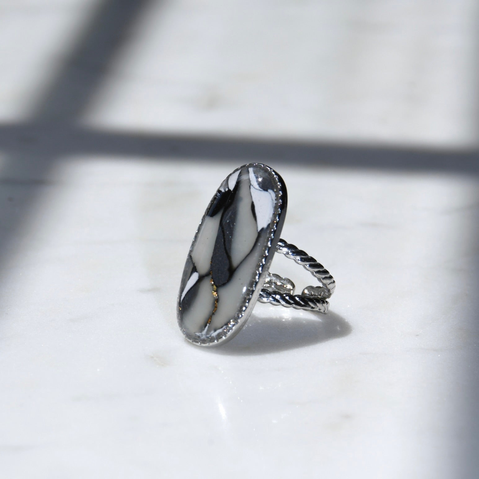 Elongated Silver Vintage Marble Ring