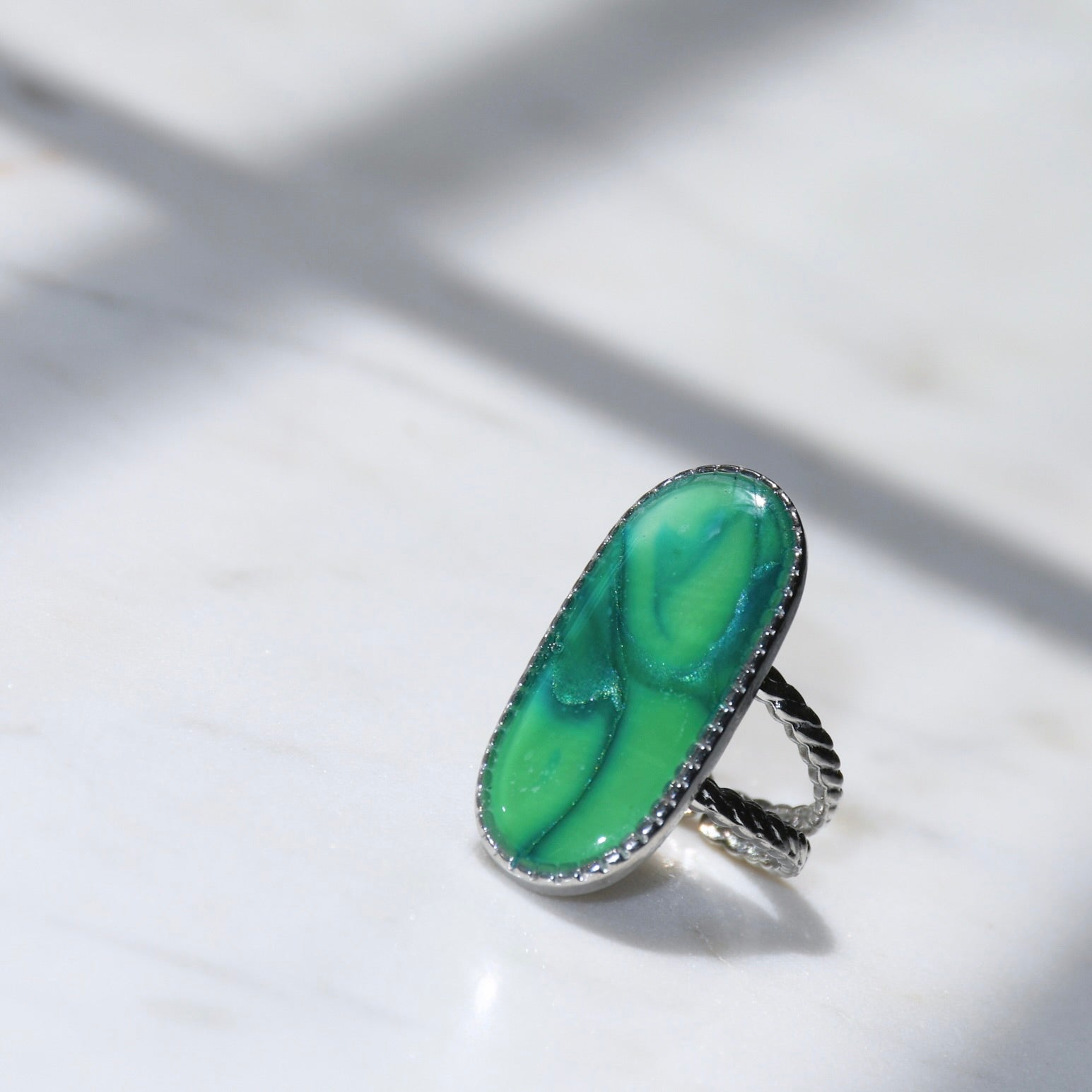 Elongated Silver Vintage Marble Ring