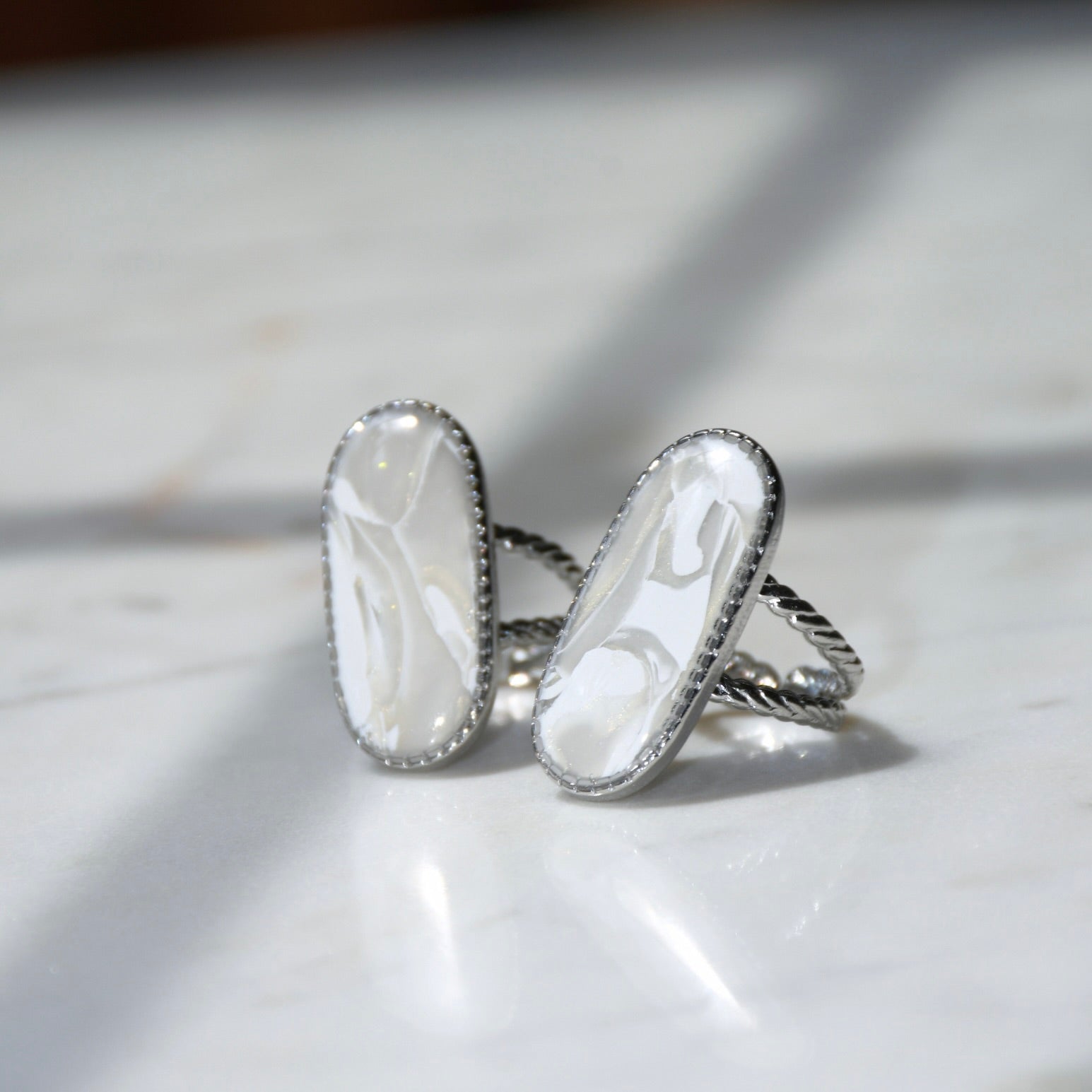Elongated Silver Vintage Marble Ring